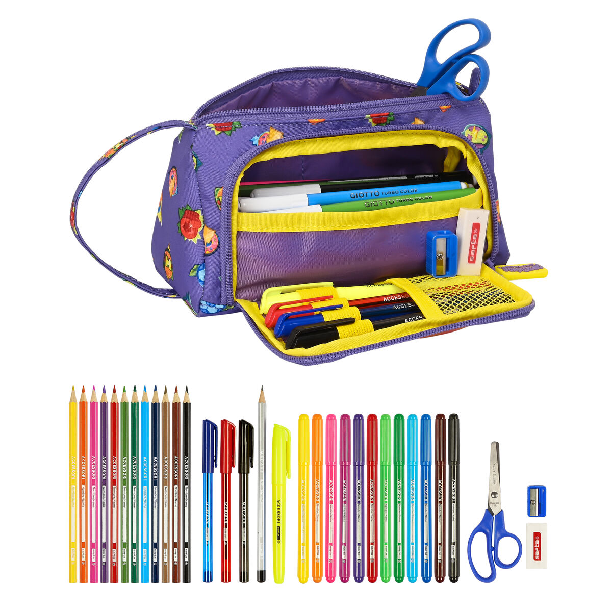 School Case with Accessories SuperThings Guardians of Kazoom Purple Yellow (32 Pieces)
