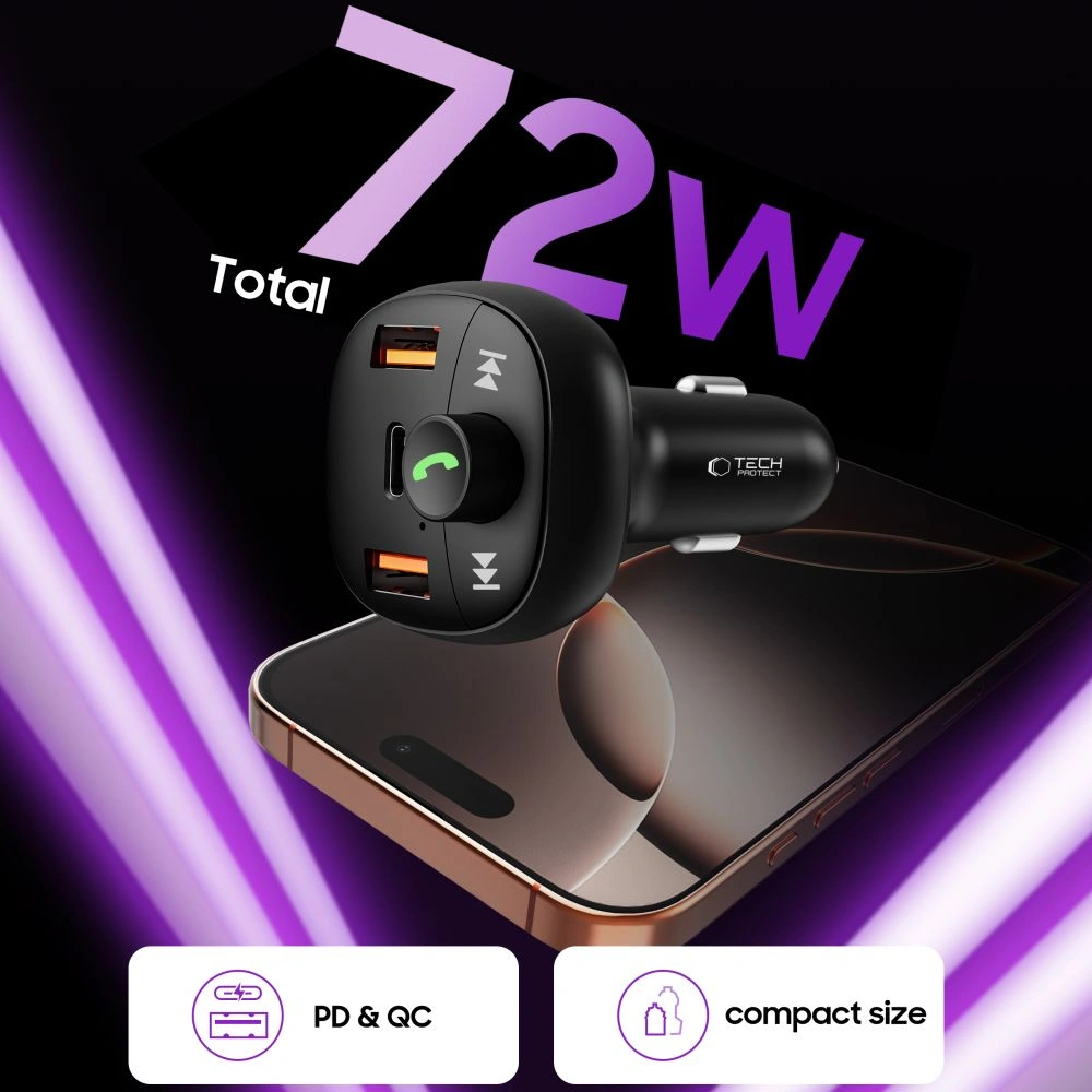 Tech-Protect CC06 3-port Car Charger 2xUSB-A, USB-C PD 72W + Transmiter FM Bluetooth Black