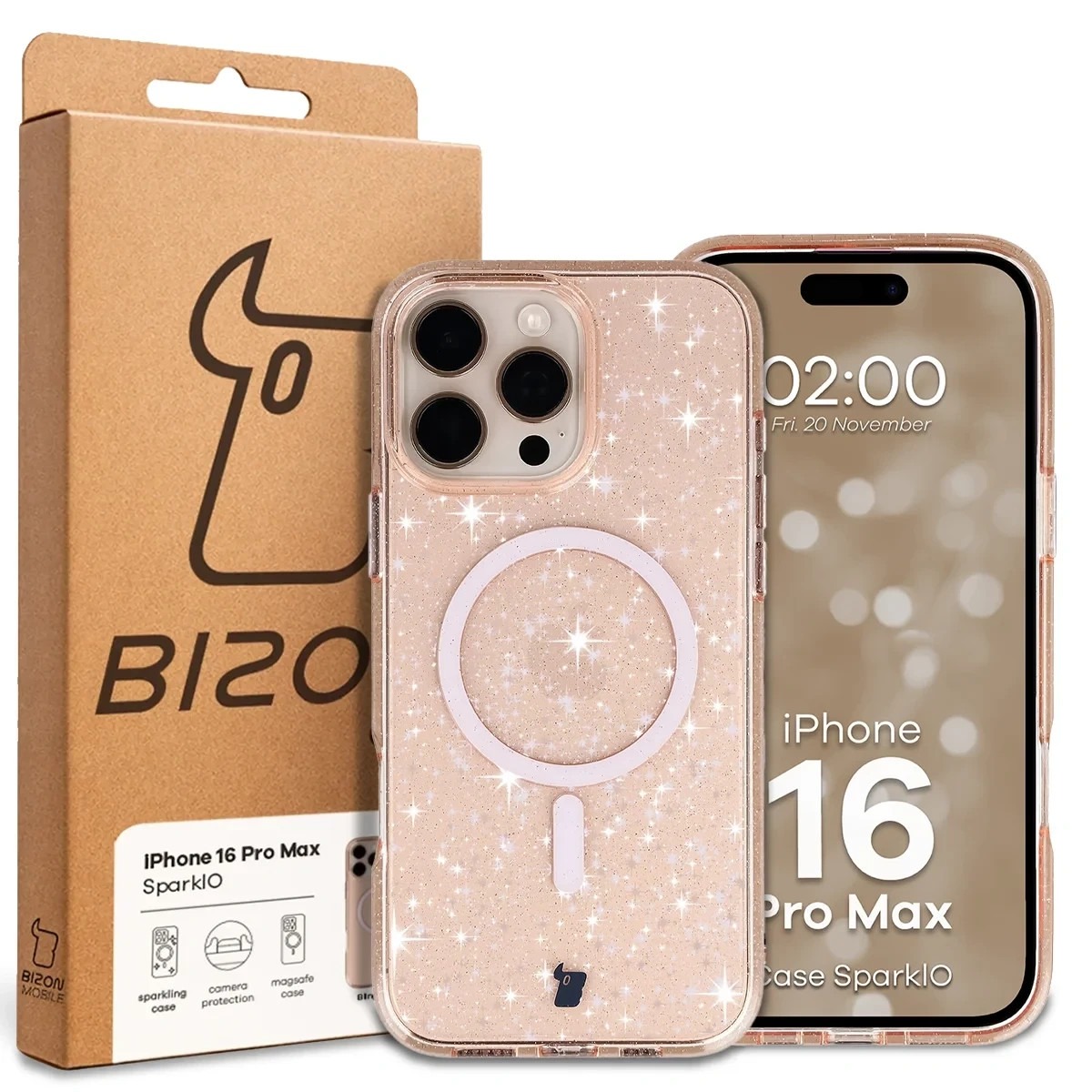 Etui brokatowe z pierścieniem magnetycznym Bizon Case SparklO do Apple iPhone 16 Pro Max, przezroczysto-jasnopomarańczowe z brokatem