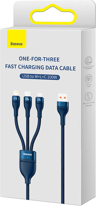 Baseus Flash Series Cable 3w1 USB-A - USB-C + micro USB + Lightning 100W 1.2m (blue)