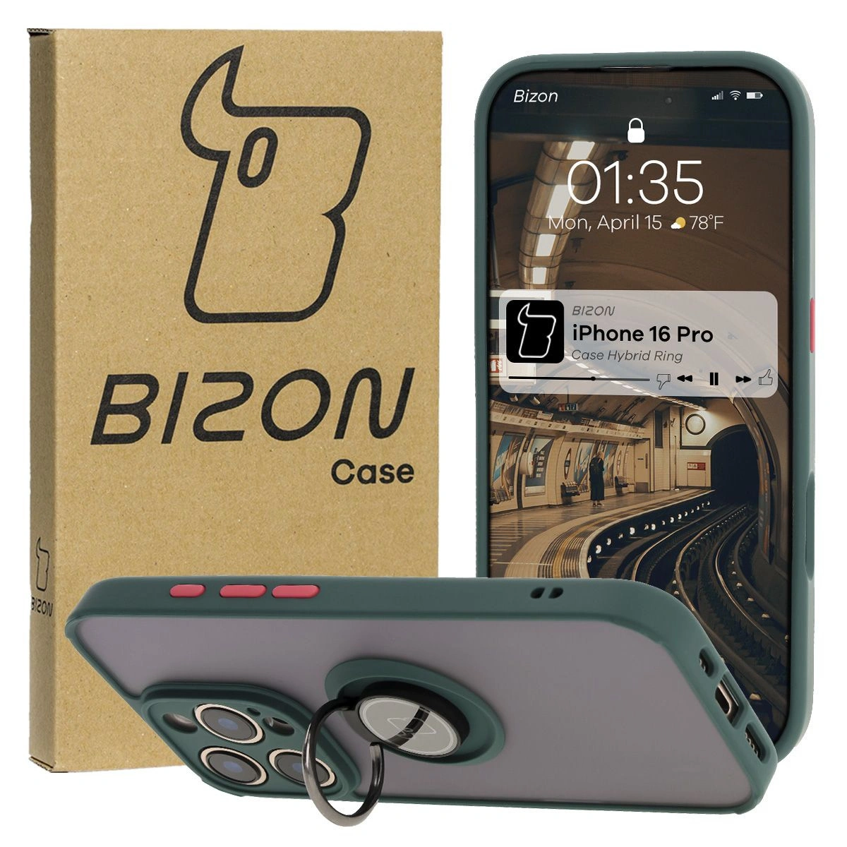 Bizon Case Hybrid Ring Apple iPhone 16 Pro smoky with a dark green frame