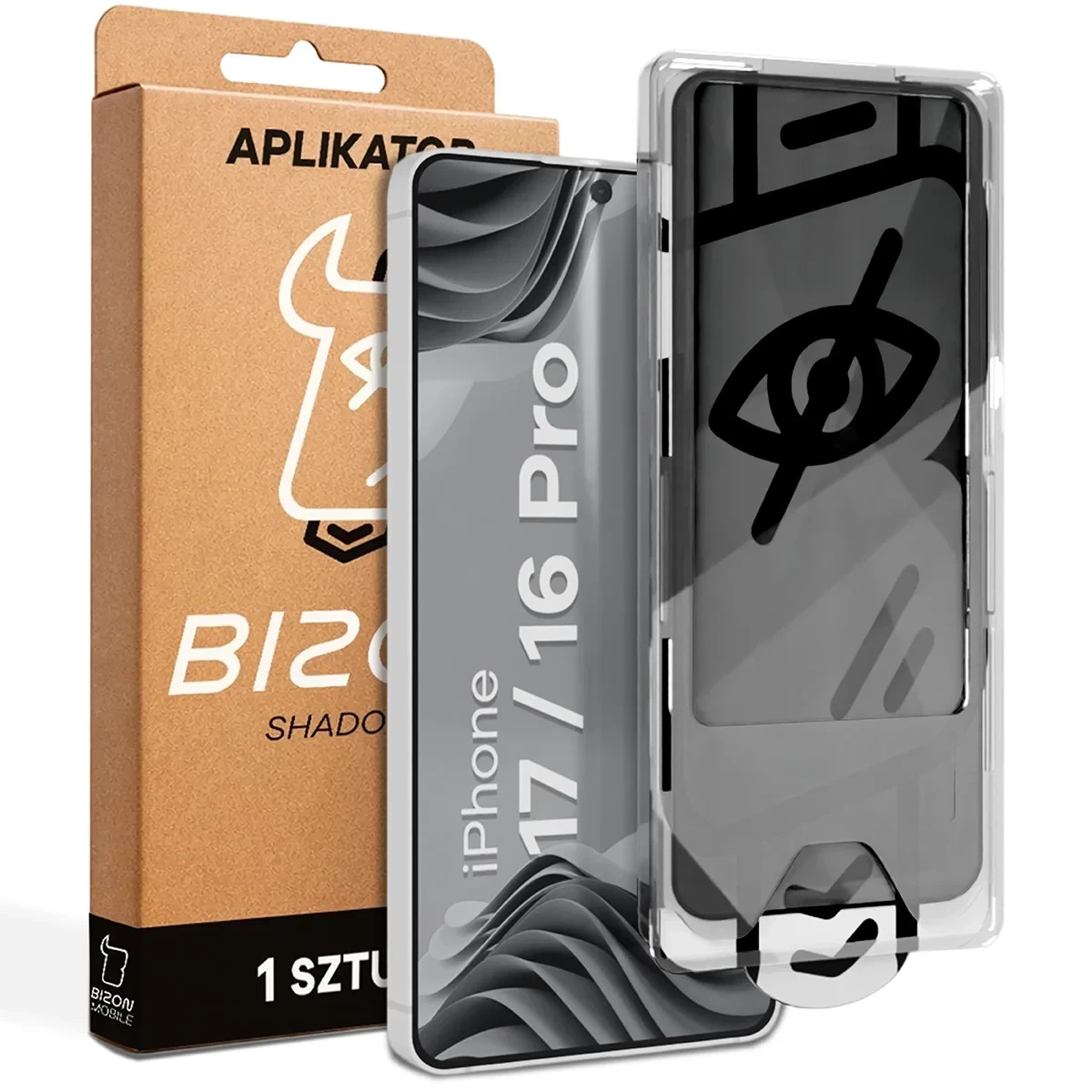 Szkło prywatyzujące z ramką aplikacyjną Bizon Glass Aplikator Shadow do Apple iPhone 16 Pro / 17
