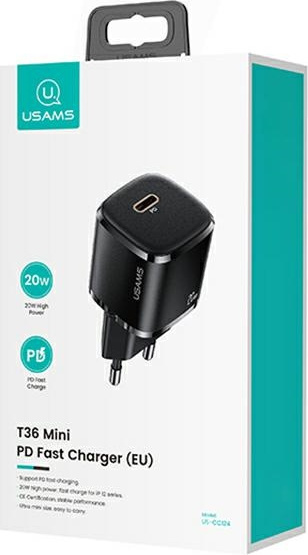 USAMS Wall Charger 1xUSB-C T36 mini 20W + cable USB-C-Lightning black PD3.0 Fast Charging XFKXLOGTL01 (US-CC124+US-SJ484)