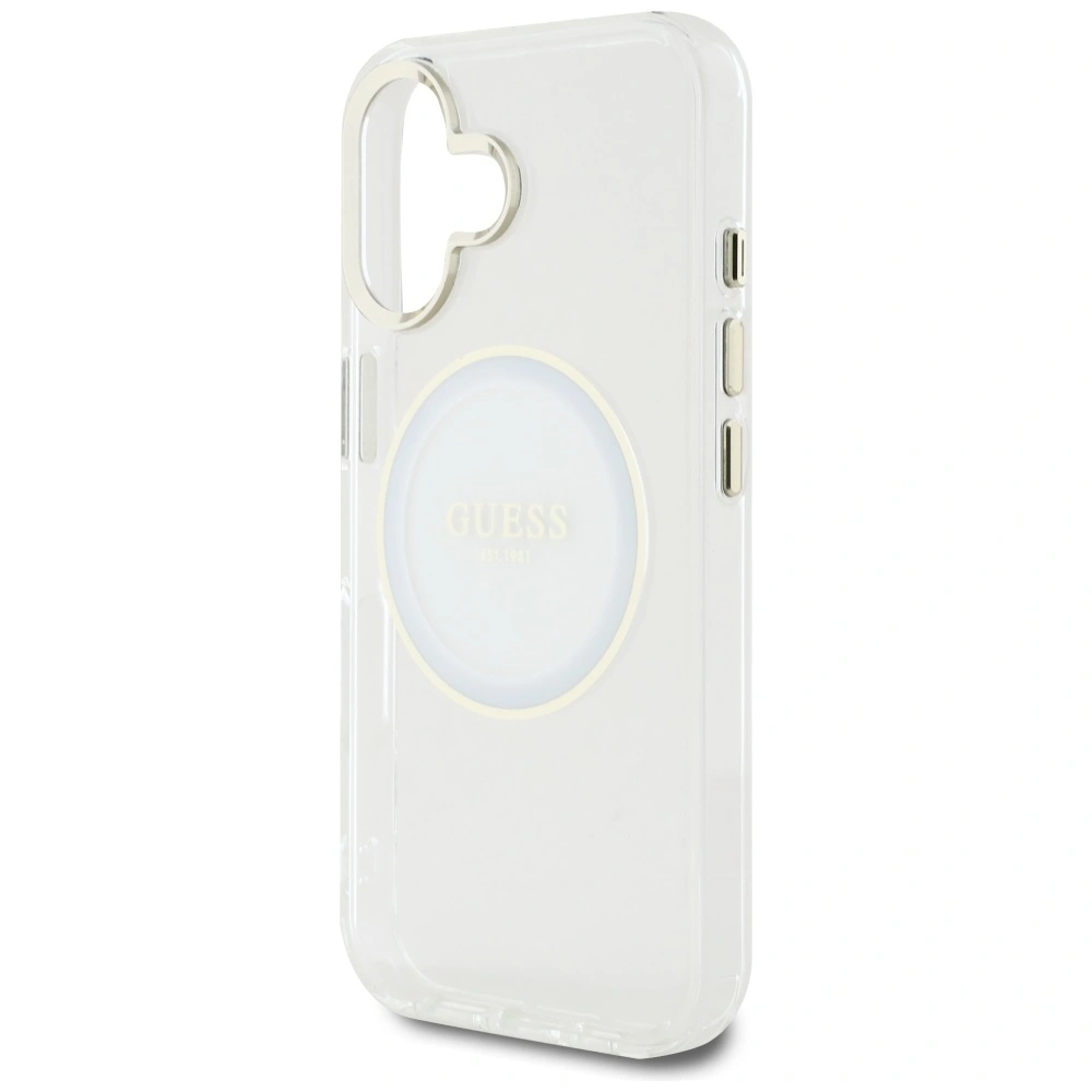 Etui Guess IML Metal Colored Circle Classic Logo MagSafe do Apple iPhone 16 biały