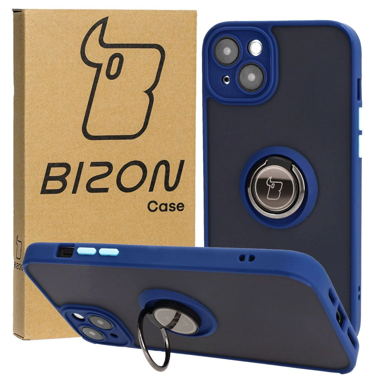 Bizon Case Hybrid Ring Apple iPhone 15 Plus smoky with a navy blue frame