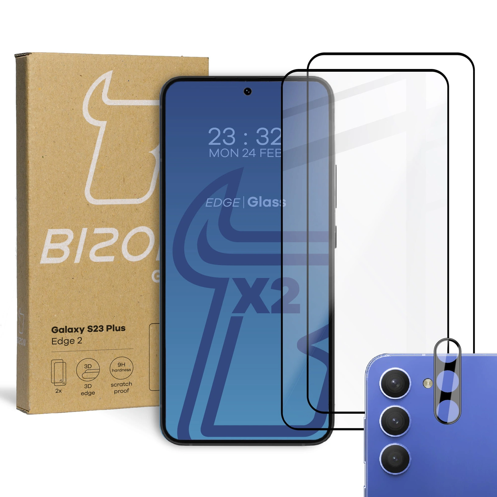 BIZON Edge 2 2x screen glass + camera glass Samsung Galaxy S23 Plus