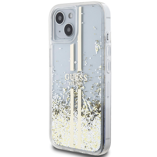 Guess GUHCP15MLFCSEGT Apple iPhone 15 Plus / 14 Plus hardcase Liquid Glitter Gold Stripes transparent