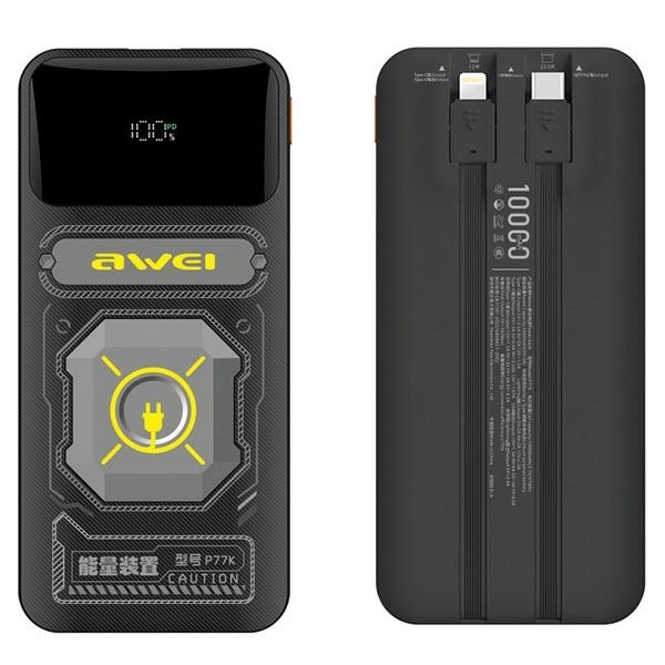 AWEI P77K 10000mAh 22.5W powerbank with built-in Lightning, USB-C cables black