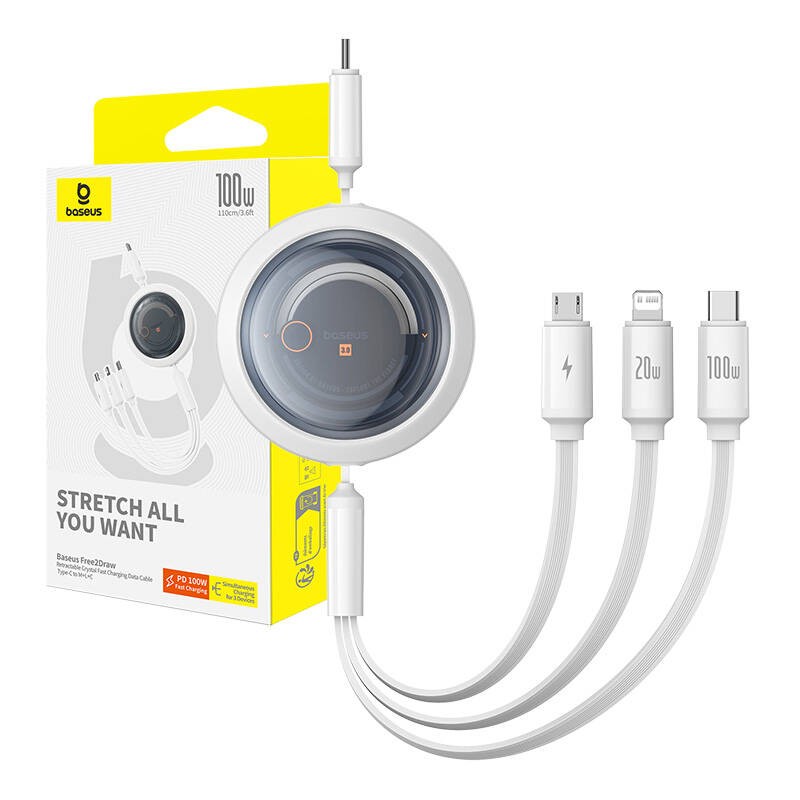 Baseus Free2Draw 3w1 USB-C / USB-C, Lightning, MicroUSB cable 100W 1.1m white