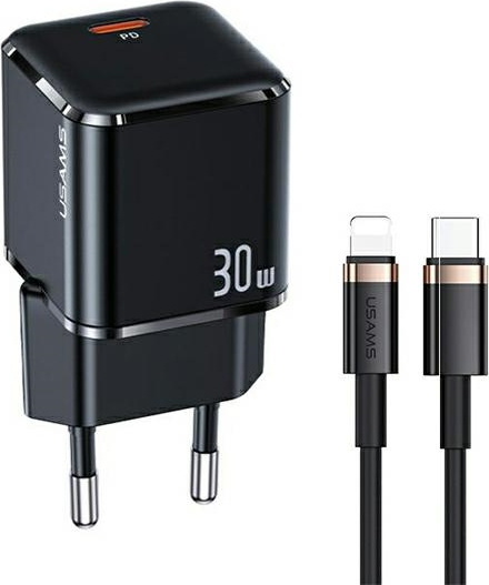 USAMS Wall Charger 1xUSB-C T45 30W PD3.0 +QC3.0 Fast Charging + cable U63 USB-C/Lightning black UXTZH01 (USAMS-UX)