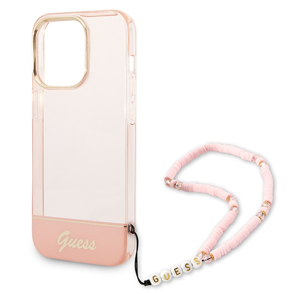 Guess GUHCP14LHGCOHP Apple iPhone 14 Pro pink hardcase Translucent Pearl Strap