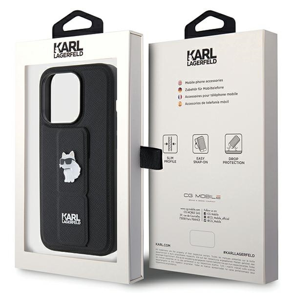 Karl Lagerfeld KLHCP14LGSACHPK Apple iPhone 14 Pro hardcase Gripstand Saffiano Choupette Pins black