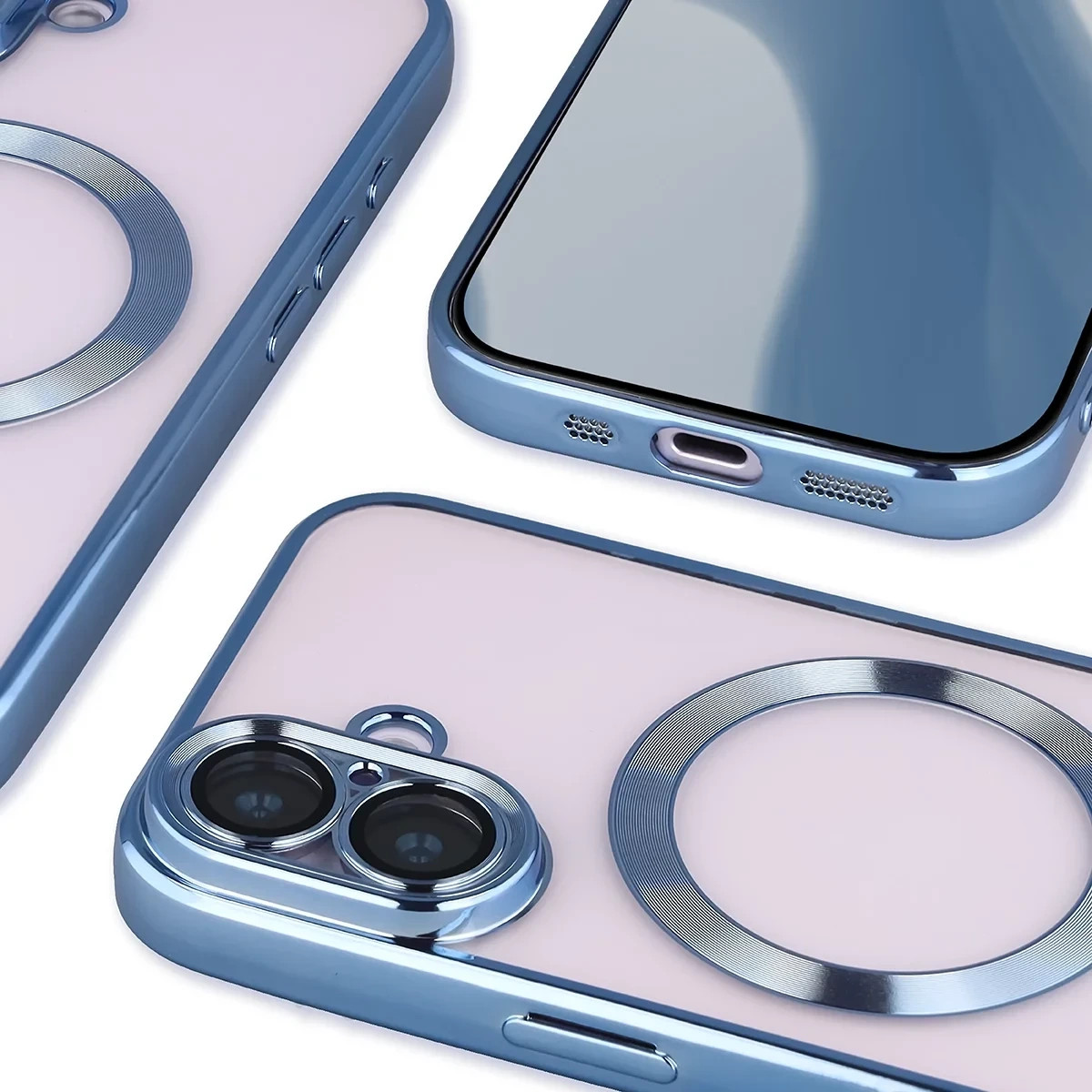 Etui z ochroną aparatu i pierścieniem magnetycznym Bizon Case GuardO do Apple iPhone 17, przezroczysto-niebieskie