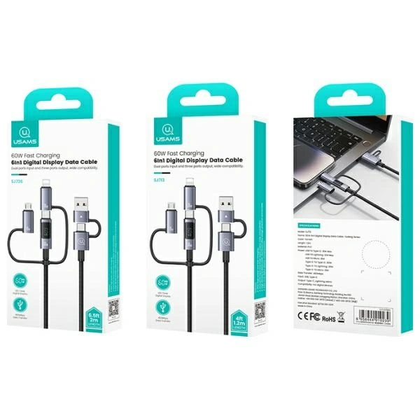 USAMS USB-A, USB-C / USB-C, Lightning, MicroUSB cable Fast charging 60W 1.2m Data Cable Digital display Aluminium Alloy Seria Sufeng