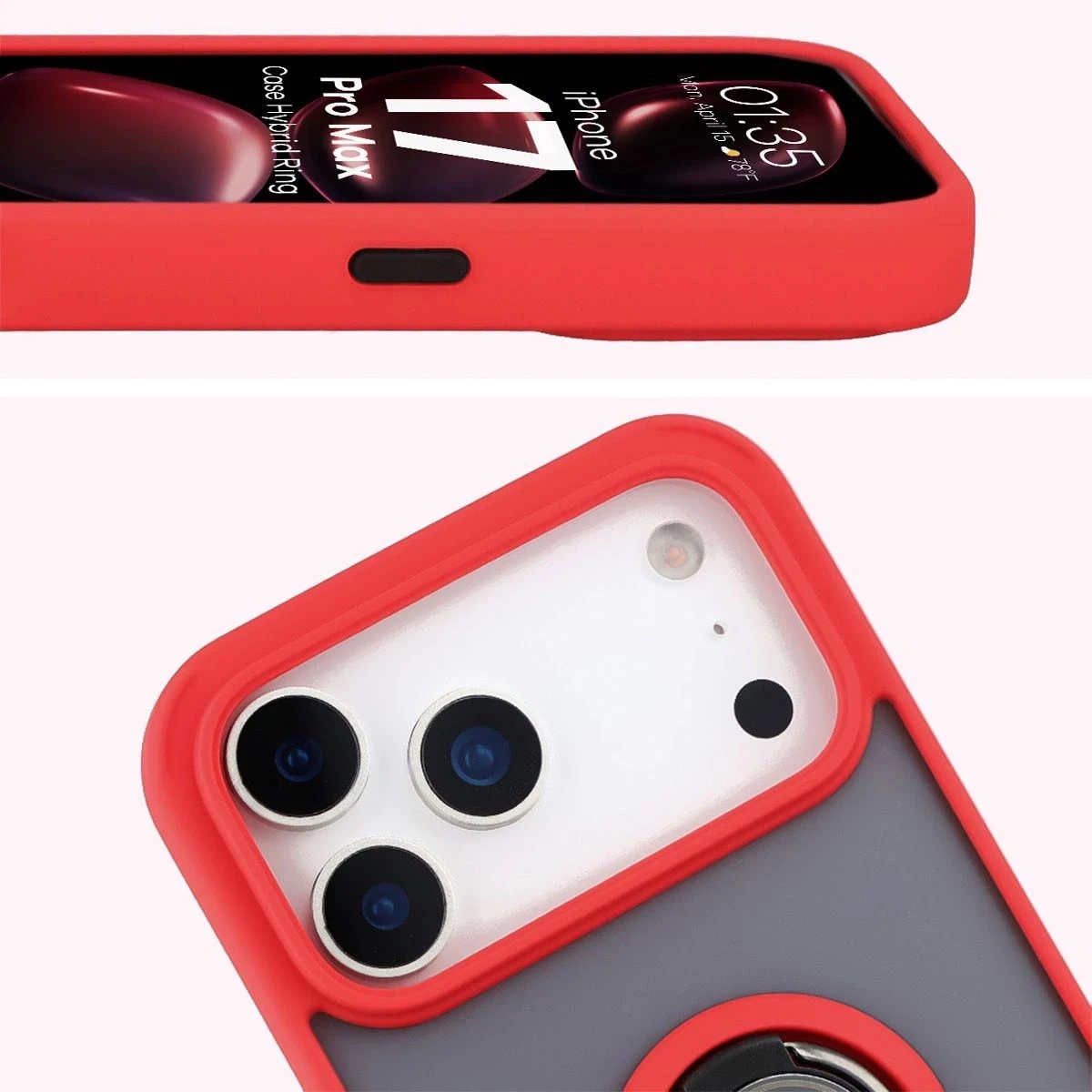 Etui z uchwytem na palec Bizon Case Hybrid Ring do Apple iPhone 17 Pro Max przydymione z czerwoną ramką