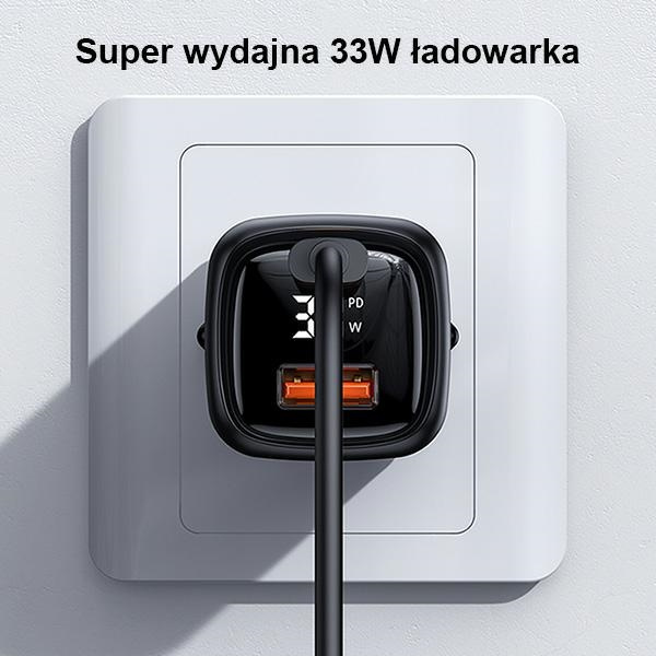 USAMS Wall Charger 1xUSB-C+1xUSB T46 33W PD3.0 +QC3.0 Fast Charging + cable U63 USB-C/Lightning black UDTZ01