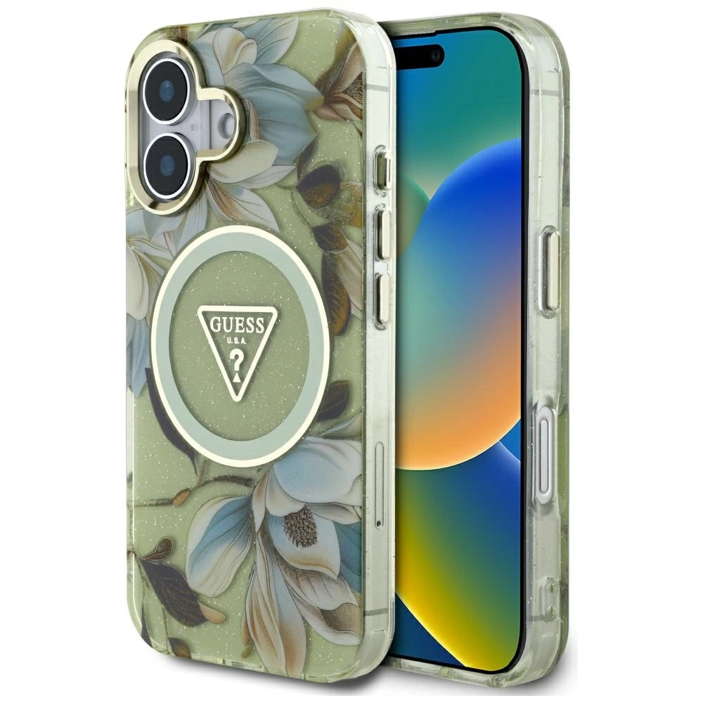 Guess Glitter Flowers Triangle Buttons MagSafe Apple iPhone 16 green