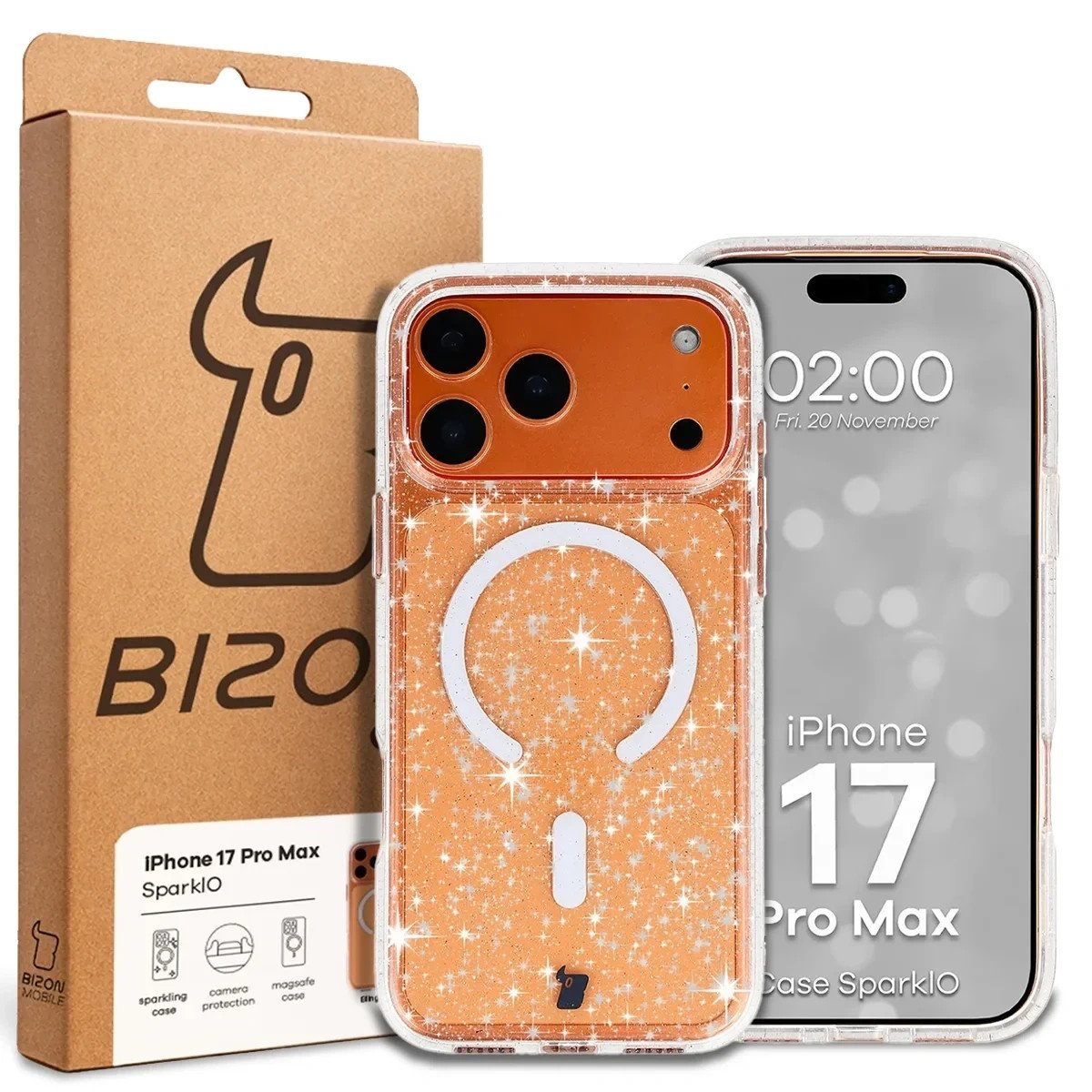 Etui brokatowe z pierścieniem magnetycznym Bizon Case SparklO do Apple iPhone 17 Pro Max, przezroczyste z brokatem