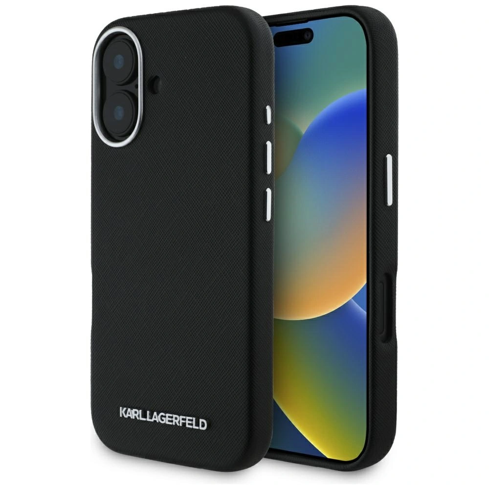 Karl Lagerfeld Saffiano Full Wrapped Elongated Metal Logo MagSafe Apple iPhone 16 black