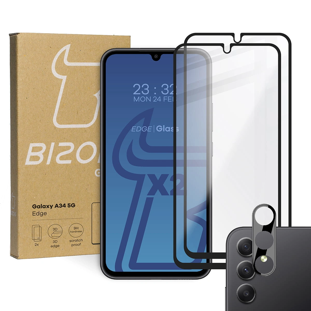 BIZON Edge 2 2x screen glass + camera glass Samsung Galaxy A34 5G