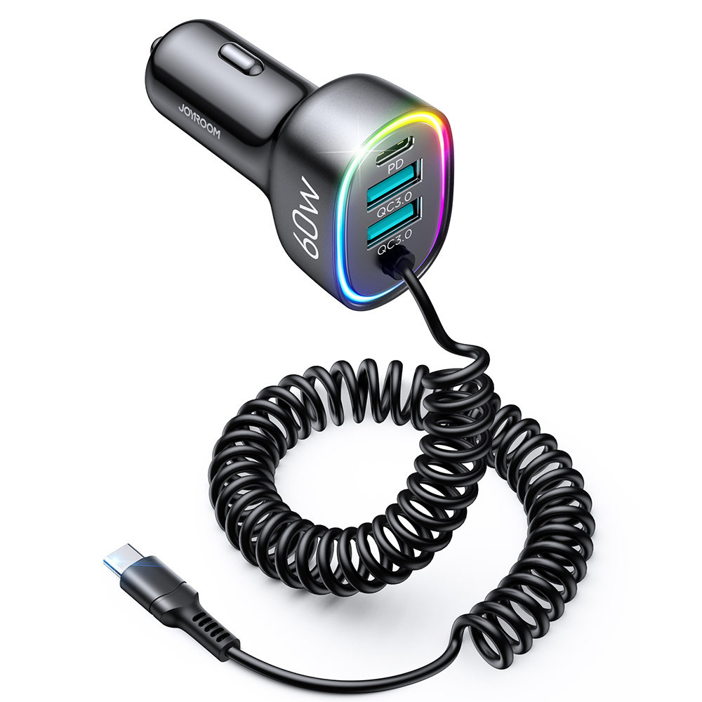 Joyroom 4 in 1 fast car charger PD, QC3.0, AFC, FCP with USB-C cable 1.6m 60W black (JR-CL19)