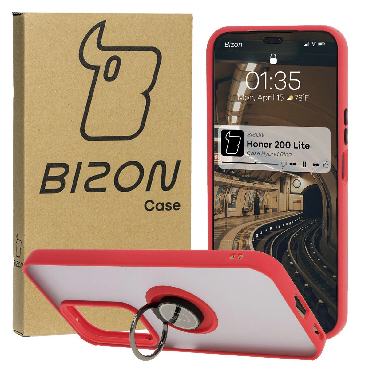 Bizon Case Hybrid Ring Honor 200 Lite smoky with a red frame