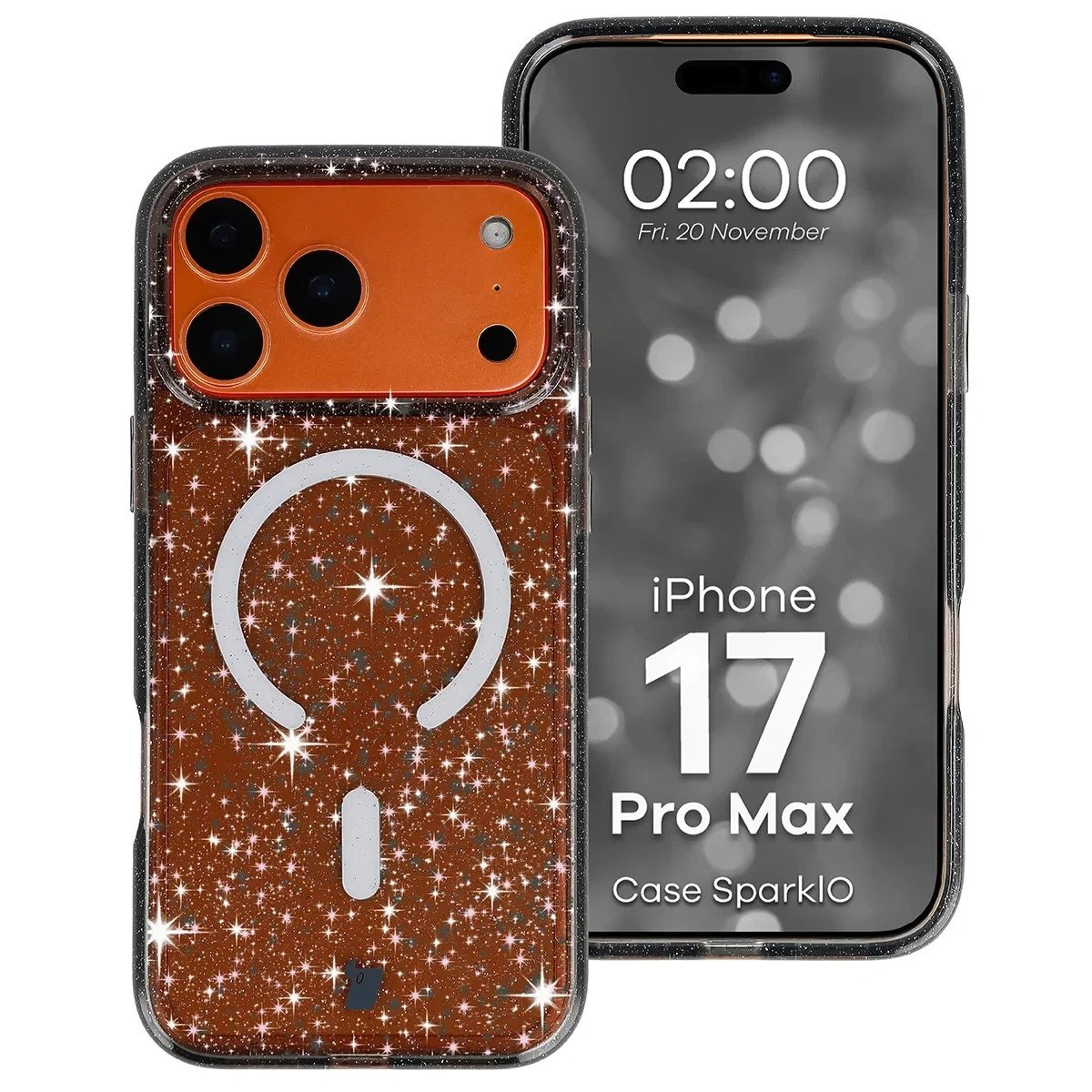 Etui brokatowe z pierścieniem magnetycznym Bizon Case SparklO do Apple iPhone 17 Pro Max, przezroczysto-czarne z brokatem