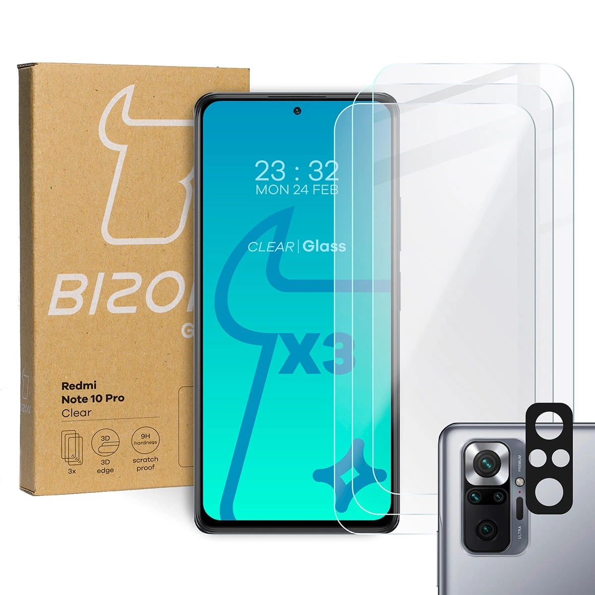 Bizon Glass Clear tempered glass - 3 pcs. + lens glass Redmi Note 10 Pro