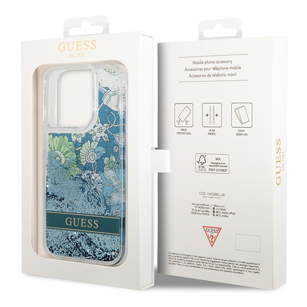 Guess GUHCP14LLFLSN Apple iPhone 14 Pro green hardcase Flower Liquid Glitter