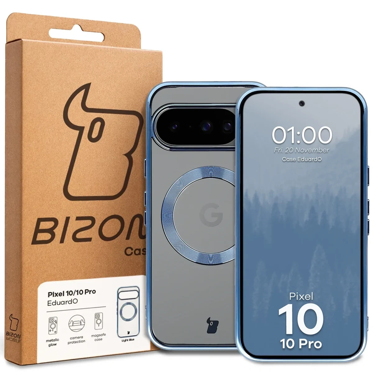 Etui z pierścieniem magnetycznym Bizon Case EduardO do Google Pixel 10 / 10 Pro, przezroczysto-niebieskie