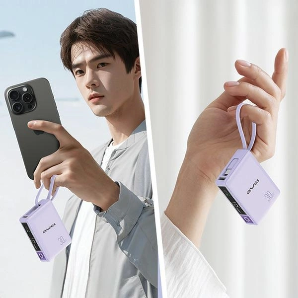 AWEI P87K 10000mAh 30W powerbank with built-in USB-C cable black 