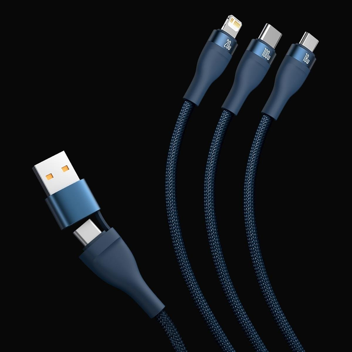 Baseus Flash Series II USB Type C / USB Type A cable - USB Type C / Lightning / micro USB 100 W 1.2 m blue