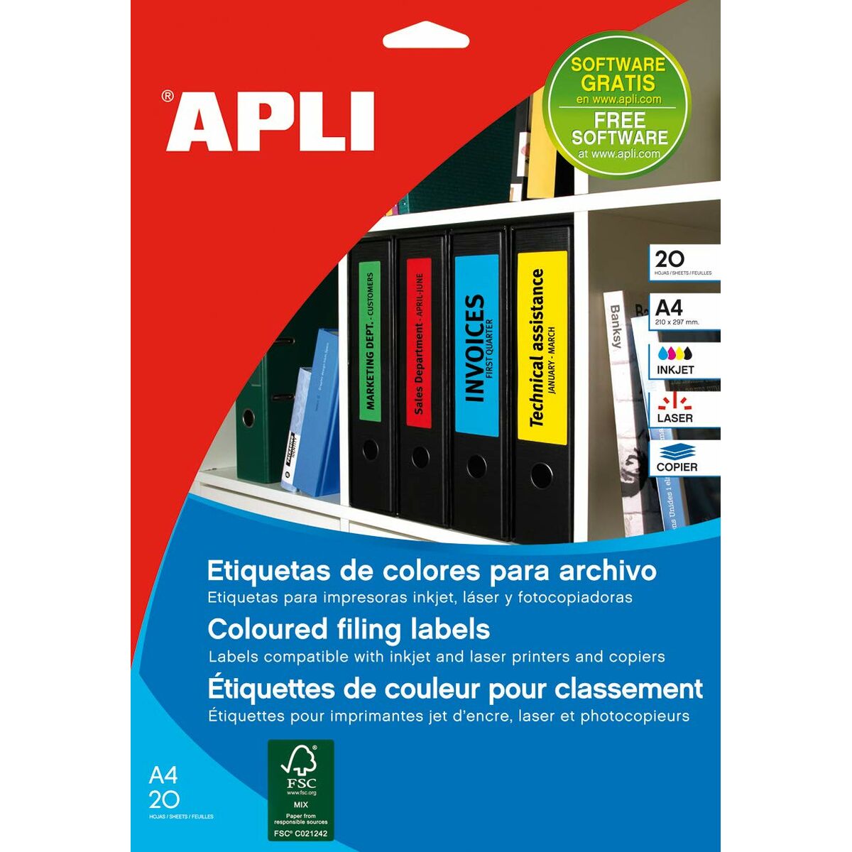 Adhesives/Labels Apli 190 x 61 mm Yellow A4 20 Sheets