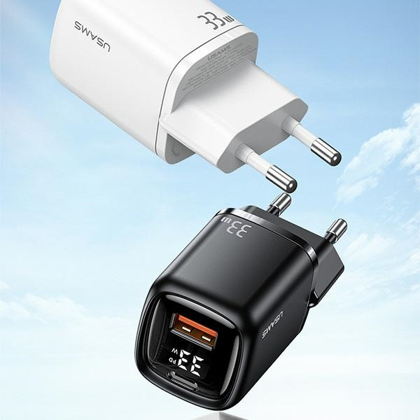 USAMS Wall Charger 1xUSB-C+1xUSB T46 33W PD3.0 +QC3.0 Fast Charging + cable U63 USB-C/Lightning black UDTZ01