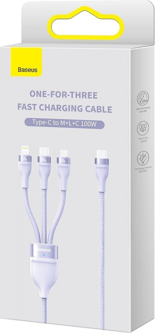 Baseus Flash Series II USB Type C / USB Type A cable - USB Type C / Lightning / micro USB 100 W 1.5 m purple