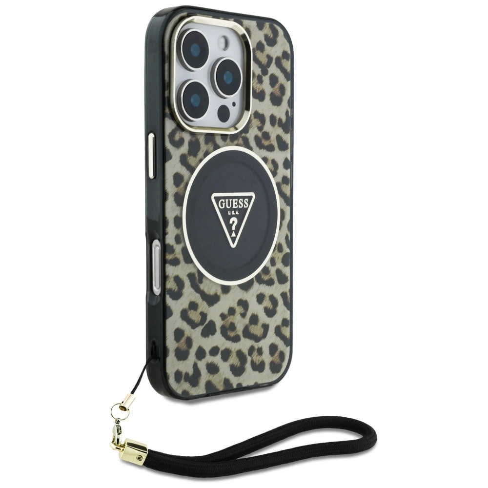 Guess HC IML Leopard Triangle Cord Strap Apple iPhone 16 Pro MagSafe brown