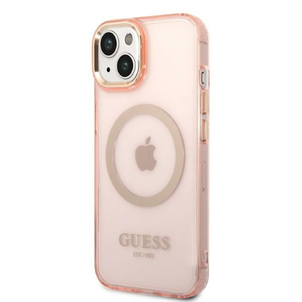 Guess GUHMP14MHTCMP Apple iPhone 14 Plus pink hard case Gold Outline Translucent MagSafe