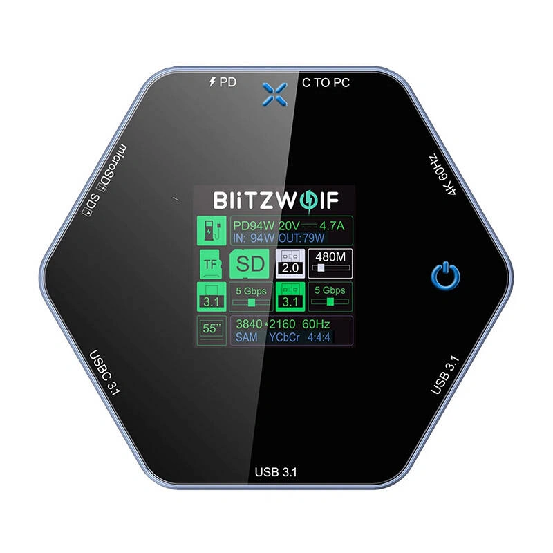 Blitzwolf 8in1 docking station BW-TH16 USB 100W LCD Smart Display USB-C 3.1, 2xUSB-A 3.1, USB-C PD 100W, HDMI 4K60hz, TF/SD 3.0, HD 4K@60hz