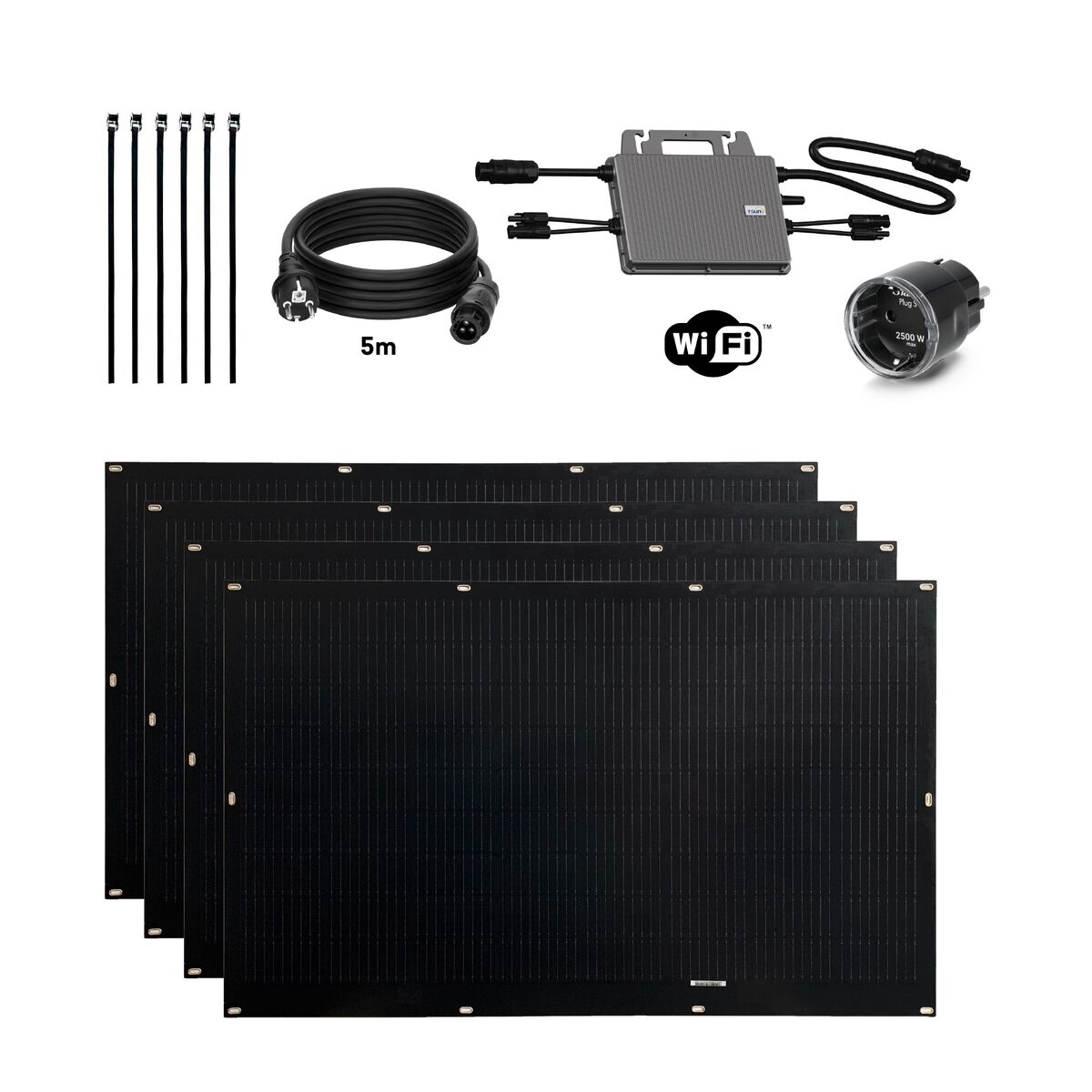 Self-installable Solar Kit Flex Full Black 800W x4 ultralight and flexible solar panels. Recommended use for balcony.