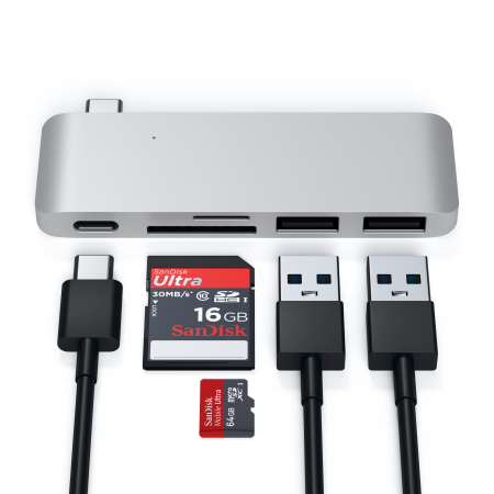 Satechi Type-C USB Pass-through hub for mobile devices USB-C 60W, 2x USB-A, micro/SD card reader silver