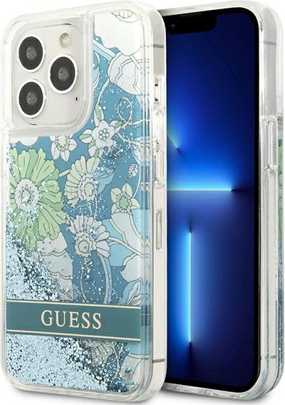 Guess GUHCP13LLFLSN Apple iPhone 13 Pro green hardcase Flower Liquid Glitter