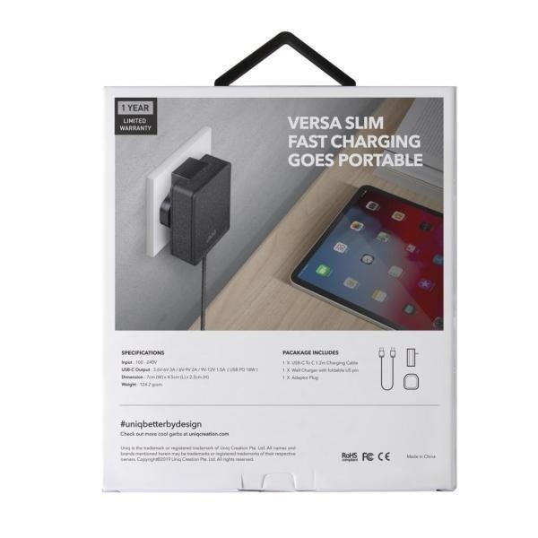 UNIQ Wall charger Versa Slim  USB-C PD 18W + USB-C to USB-C Cable charcoal black (LITHOS Collective)