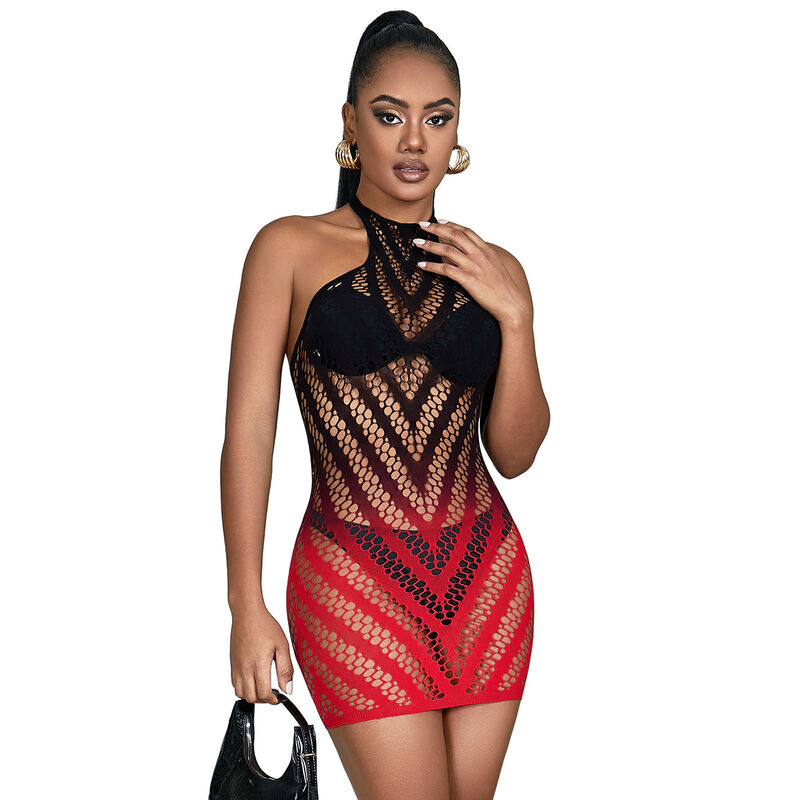 SUBBLIME - 952242 RED AND BLACK DEGRADED ELASTIC FISHNET BODYSTOCKING ONE SIZE