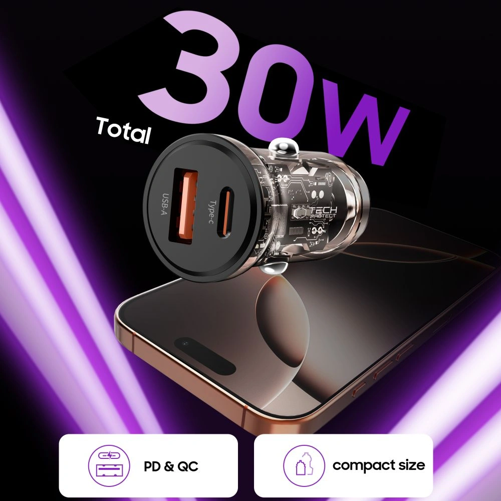 Tech-Protect CC01 2-port Car Charger USB-A, USB-C PD 30W / QC 3.0 Black