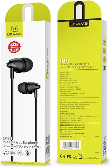 USAMS Earphones stereo EP-39 3,5 mm black HSEP3901