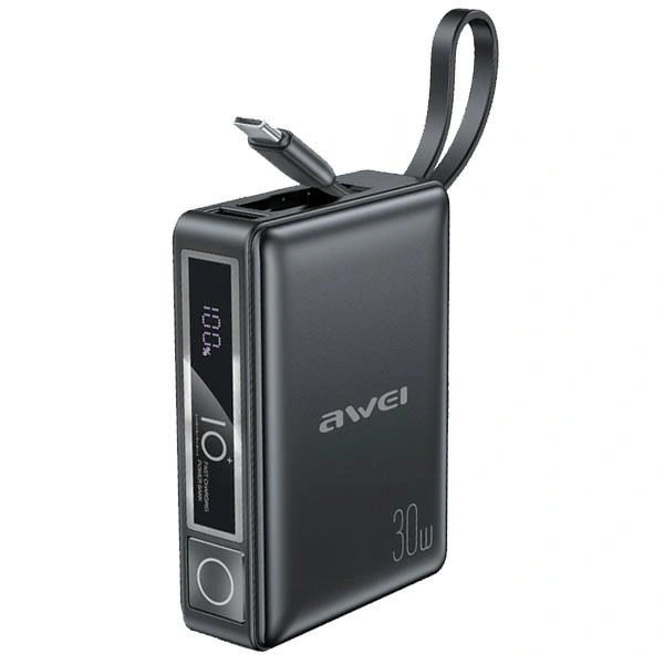 AWEI P87K 10000mAh 30W powerbank with built-in USB-C cable black 