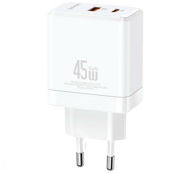USAMS CC178TC02 wall charger 1xUSB-C+1xUSB-A 45W GaN PD+QC Fast Charging white