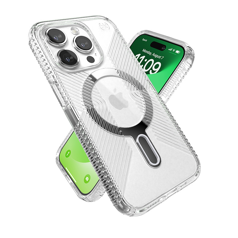 Speck Presidio Perfect-Clear Grip ClickLock MagSafe Apple iPhone 15 Pro (Clear/Chrome Finish/Serene Silver)