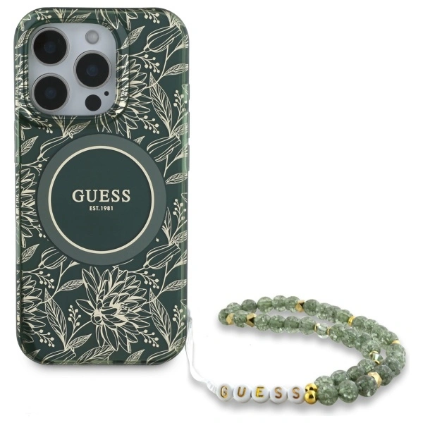 Guess GUHMP16XHCPOFPA Apple iPhone 16 Pro Max hardcase IML Flowers Allover Electro With Pearl Strap MagSafe green