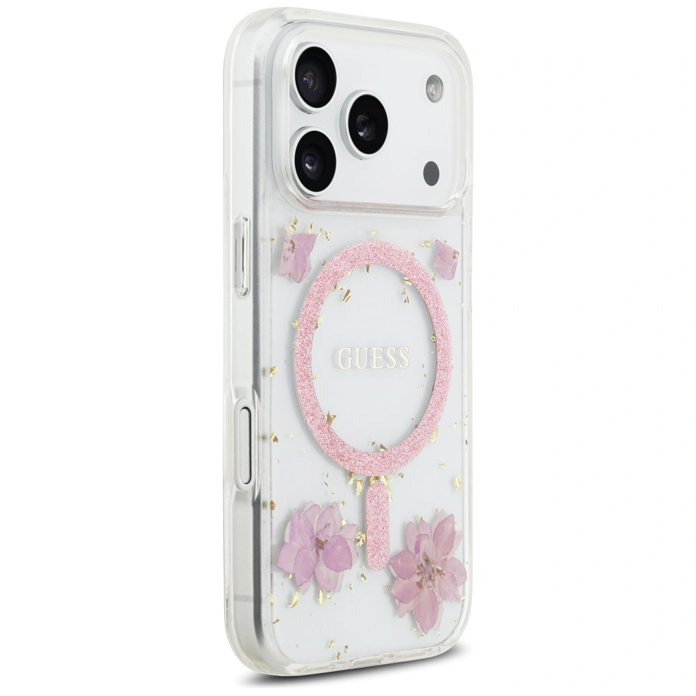 Etui Guess Resin Flowers Glitter MagSafe do Apple iPhone 17 Pro różowy